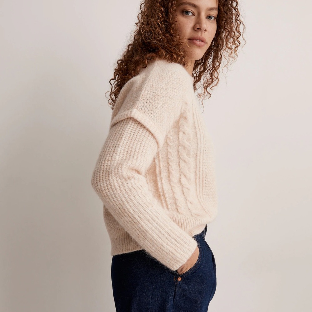 Madewell Cable Havener Pullover in Heather Powder Alpaca Wool Blend NWT Small